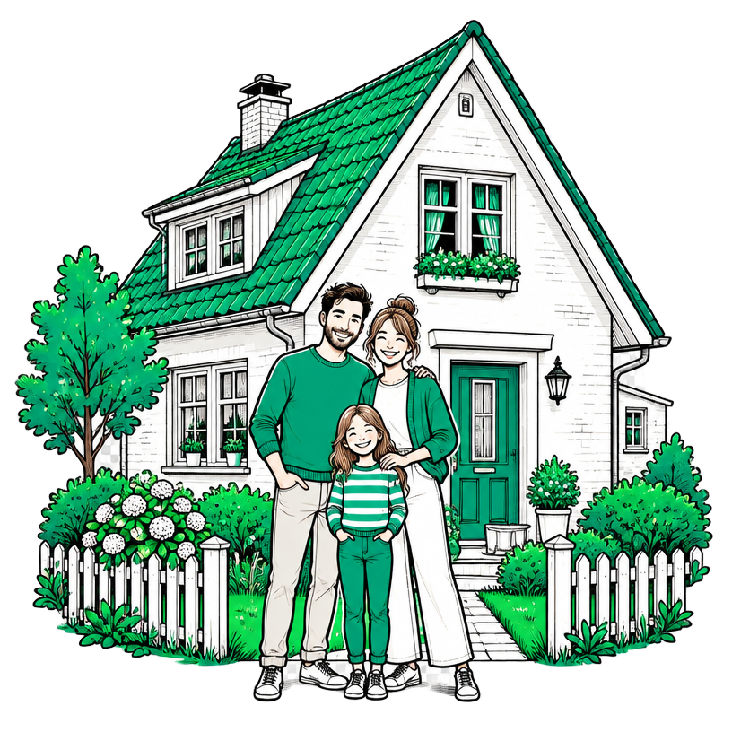 Bremer Einfamilienhaus mit grünem Garten und einer Familie