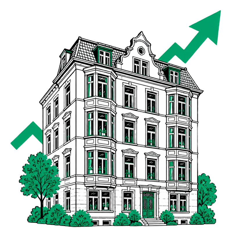 Bremer Zinshaus mit Erkern und aufsteigendem Renditepfeil