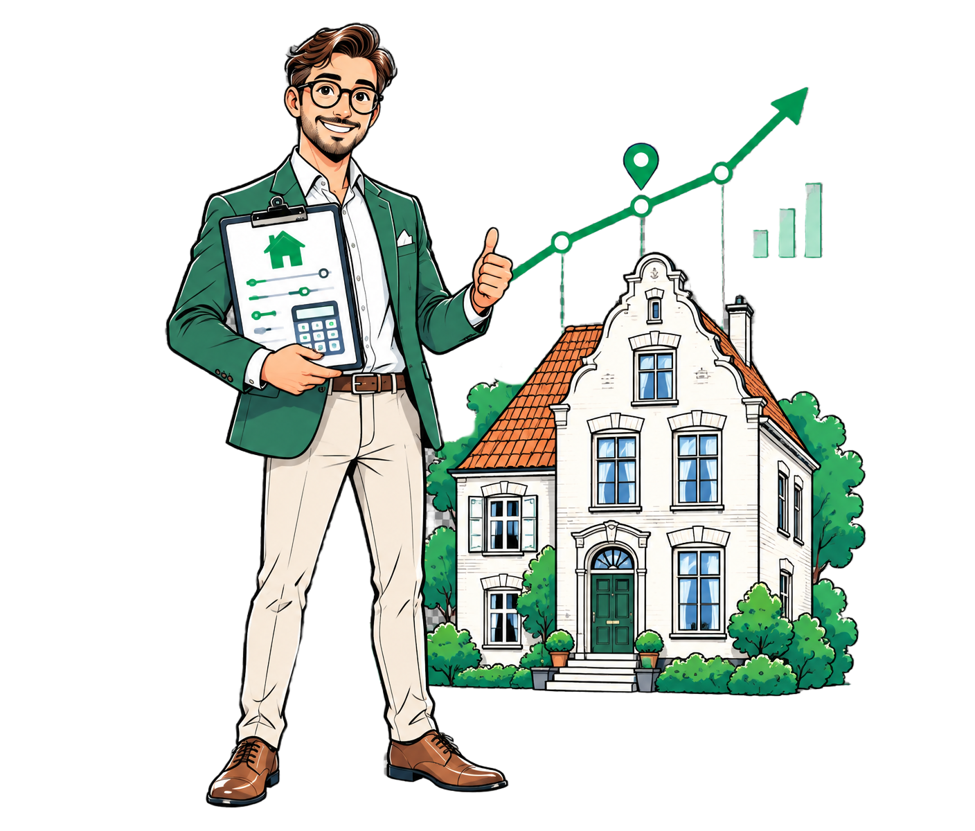 Makler mit digitaler Immobilienbewertung vor einem Bremer Haus und steigender Wertkurve