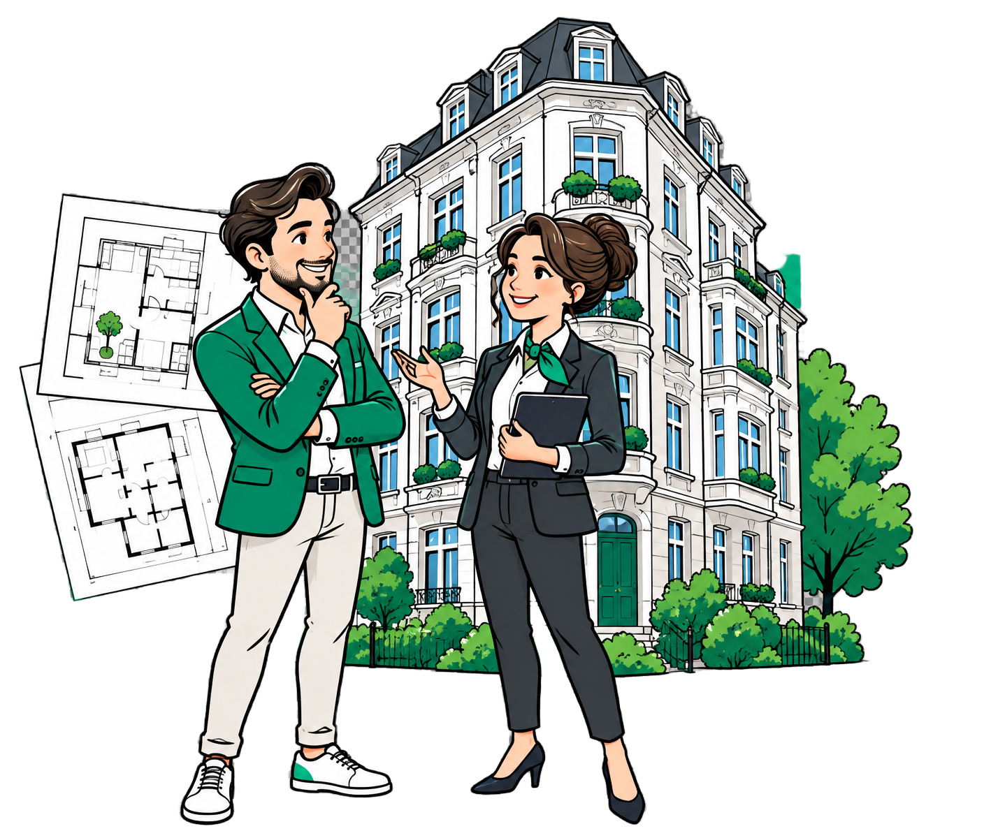 Investor und Maklerin im Gespräch vor einem klassischen Bremer Mehrfamilienhaus